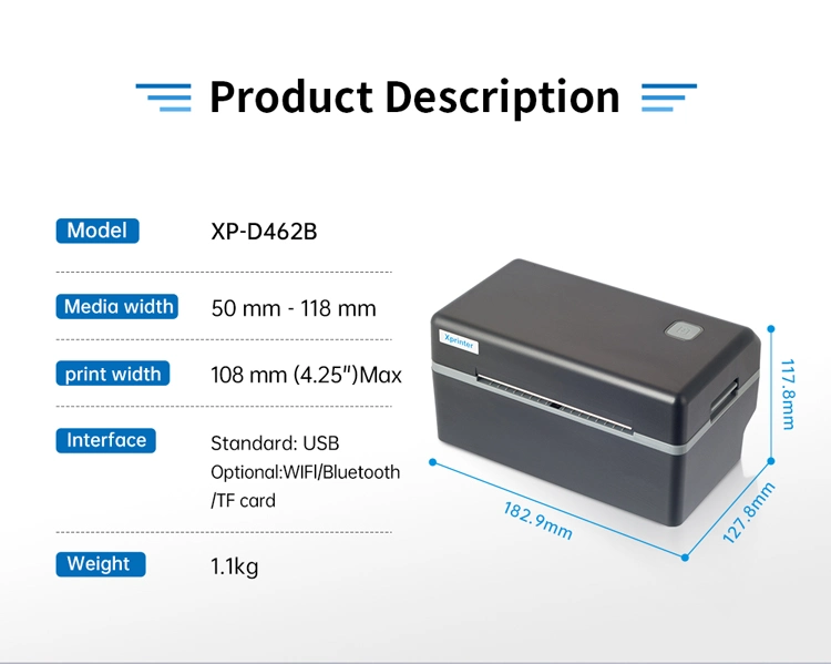 Xprinter XP-D462B ODM High Speed Printing 4 Inch Thermal Label Printer Portable Shipping Label Printer