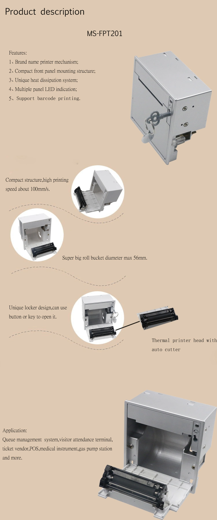 Ms-Fpt201 58mm Low Noise Embedded Thermal Printer Module Mount Panel Printer Key Optional