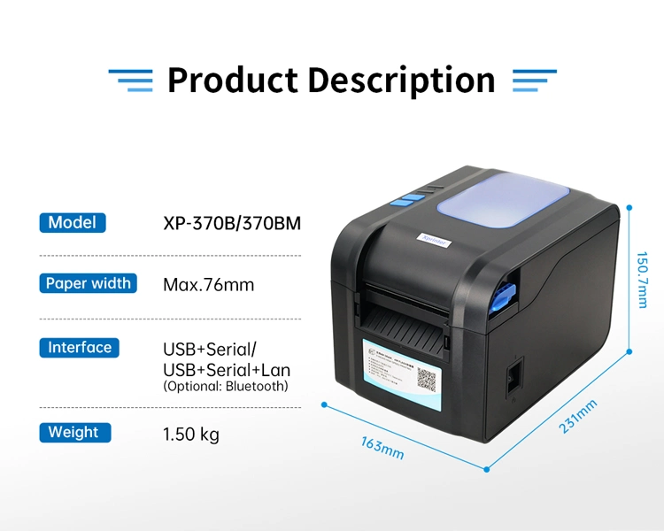 Xprinter XP-370BM Factory 3 Inch Thermal Barcode Printer USB Shipping Label Printer