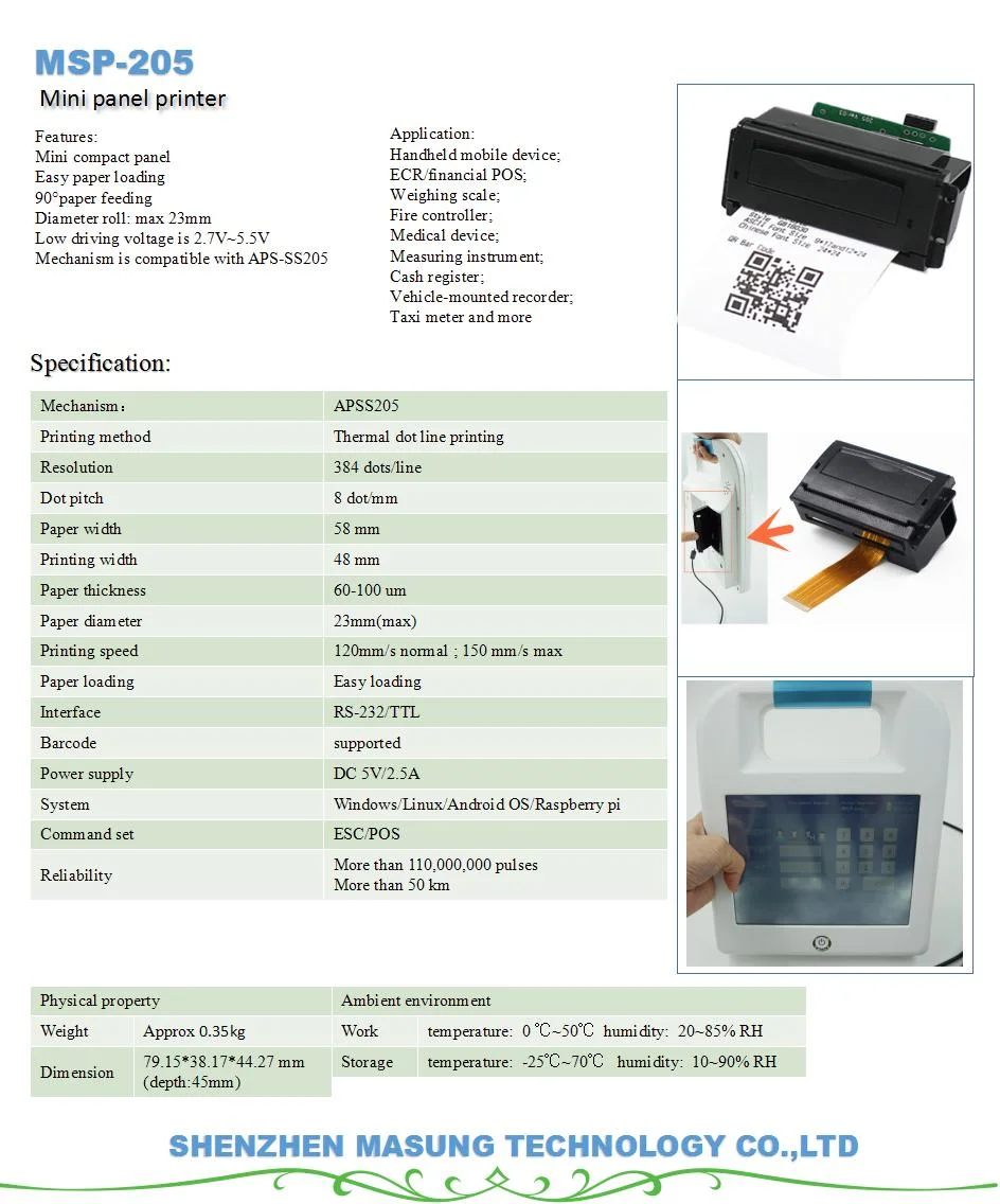 Ms-205 High Quality 58mm Embedded Micro Panel Thermal Printer for Texi Meter