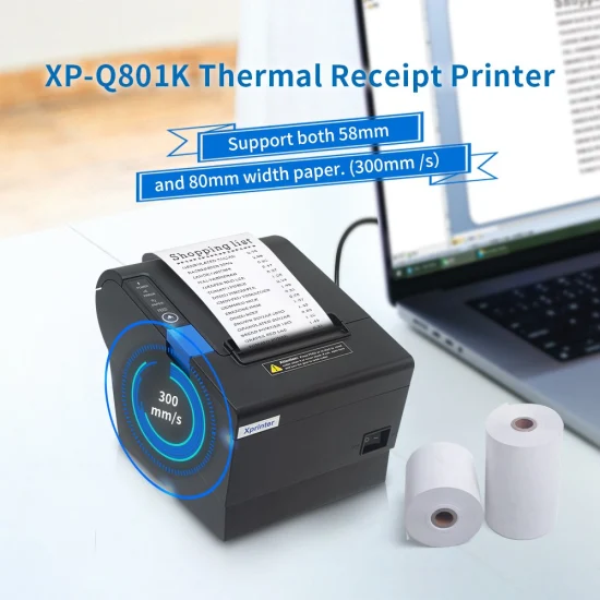 Xprinter XP-Q801K Venta al por mayor Impresora térmica de recibos de alta velocidad de 80 mm con impresora USB POS